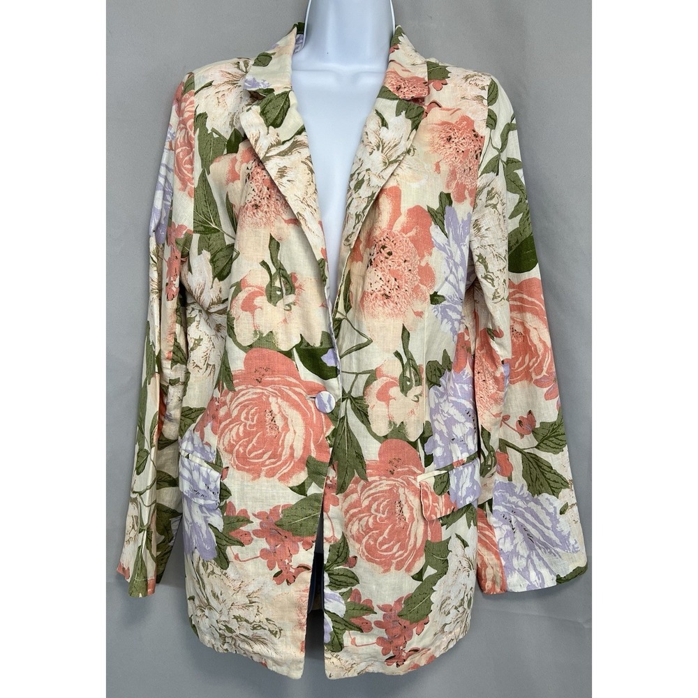 Joie‎ Women 100 % Linen Cream Coral Lilac Floral Linen Blazer Summer Sz Large